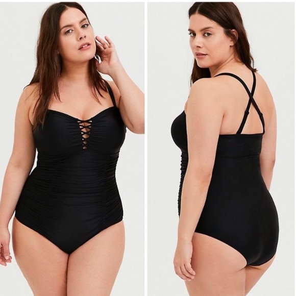 Torrid Black Slim Fix Wireless Lattice Front Swimsuit - Picture 1 of 14